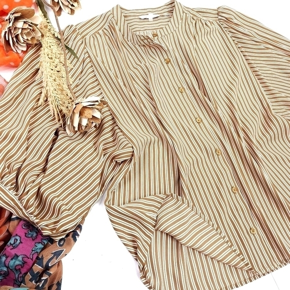 🔴 Calvin Klein Camel Tan Cream Striped Bubble Sleeve Top Sz M - Picture 1 of 11